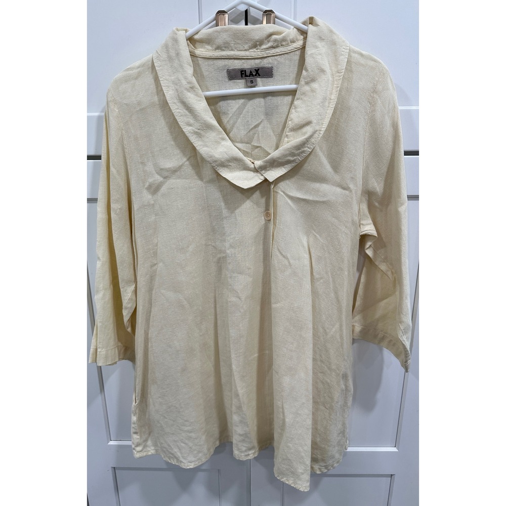 Flax Linen Tunic Top Button Up‎ 3/4 Sleeve Collared Casual Beige Size S